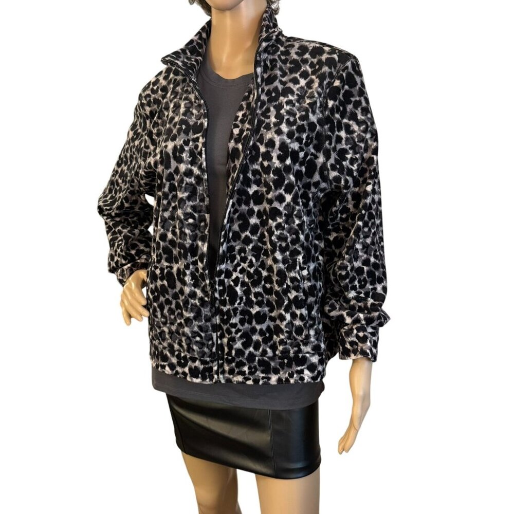 Kim Rogers Petite Sz PXL Black and White Leopard Print Zip-Up Velour Jacket
